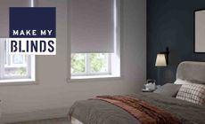 Make My Blinds logo placed over a image of a bedroom with slight opened blinds