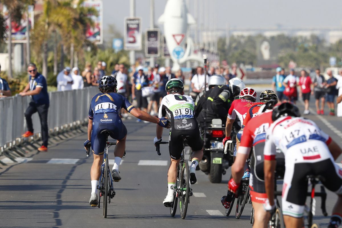 Adam Blythe congratulates Mark Cavendish
