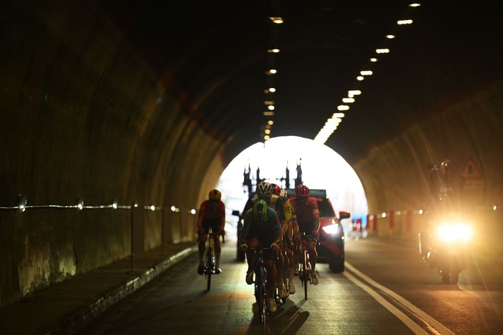 FRONTIGNANO ITALY MARCH 15 Andrea Vendrame of Italy and Decathlon Ag2R La Mondiale Team leads the breakaway passing through a tunnel during the 60th TirrenoAdriatico 2025 Stage 6 a 163km stage from Cartoceto to Frontignano 1324m UCIWT on March 15 2025 in Frontignano Italy Photo by Tim de WaeleGetty Images