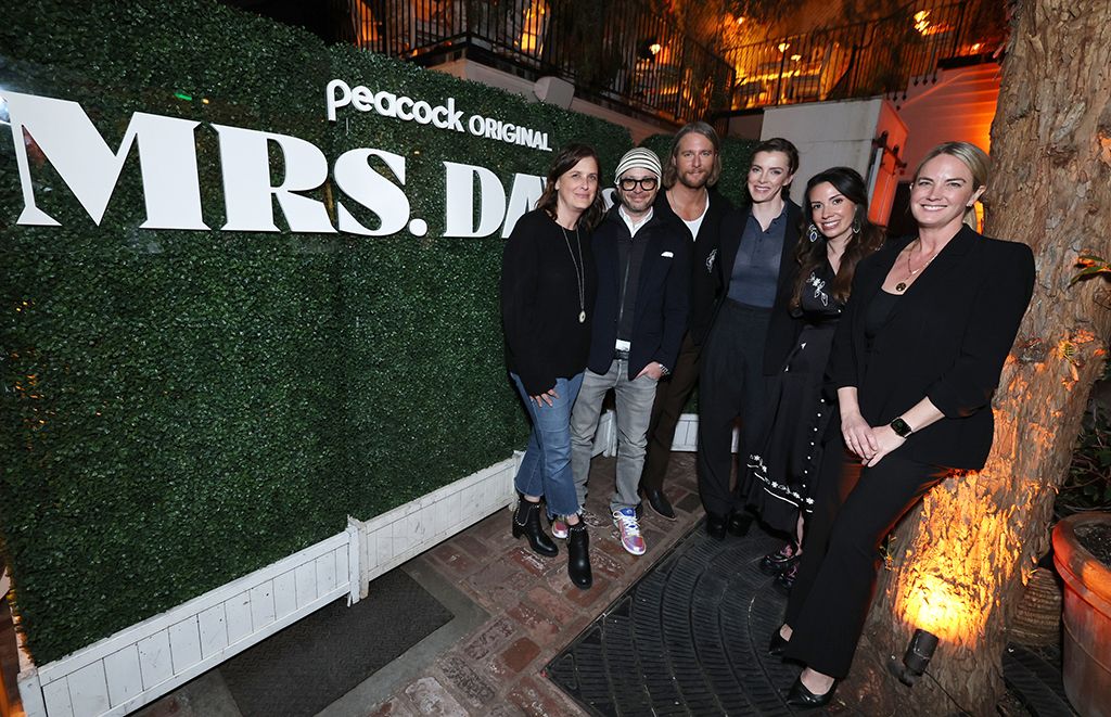 At a critics&rsquo; screening and panel for Peacock&rsquo;s Mrs. Davis at the San Vicente Bungalows in West Hollywood (l. to r.): Lisa Katz, president, scripted content, NBCUniversal; Damon Lindelof, executive producer/co-writer; cast members Jake McDorman and Betty Gilpin; Tara Hernandez, showrunner/executive producer/ co-writer; and Kelly Campbell, president, Peacock.