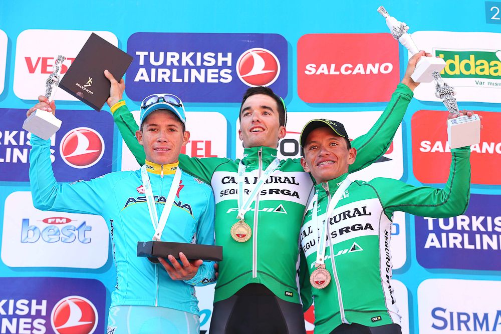 Miguel Angel Lopez Moreno, Pello Bilbao and Heiner Rodrigo Parra Bustamente on the podium.