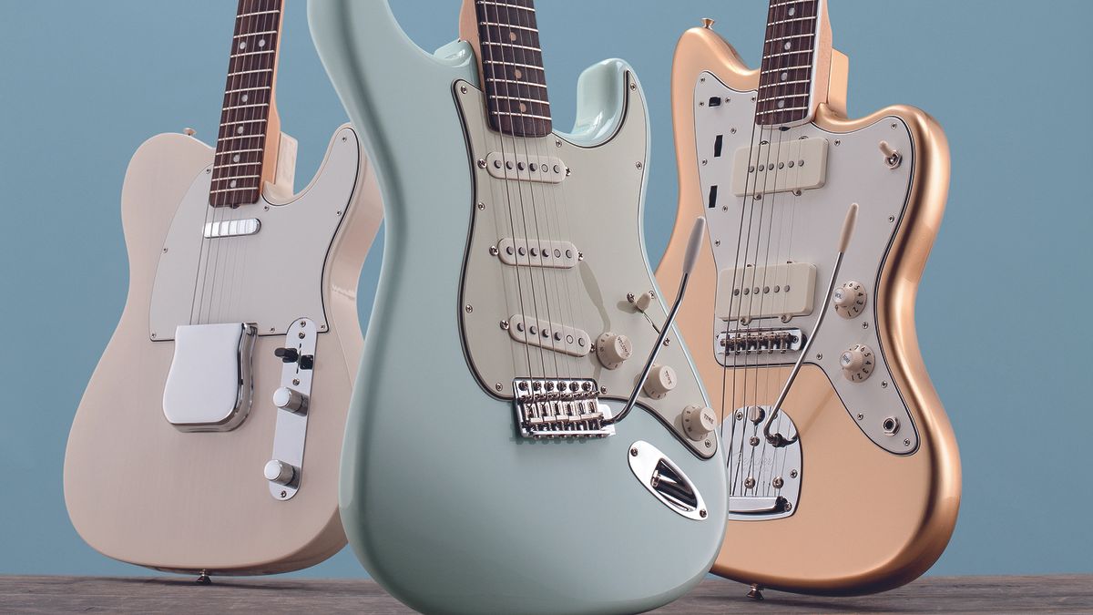 A collection of Fender electric guitars