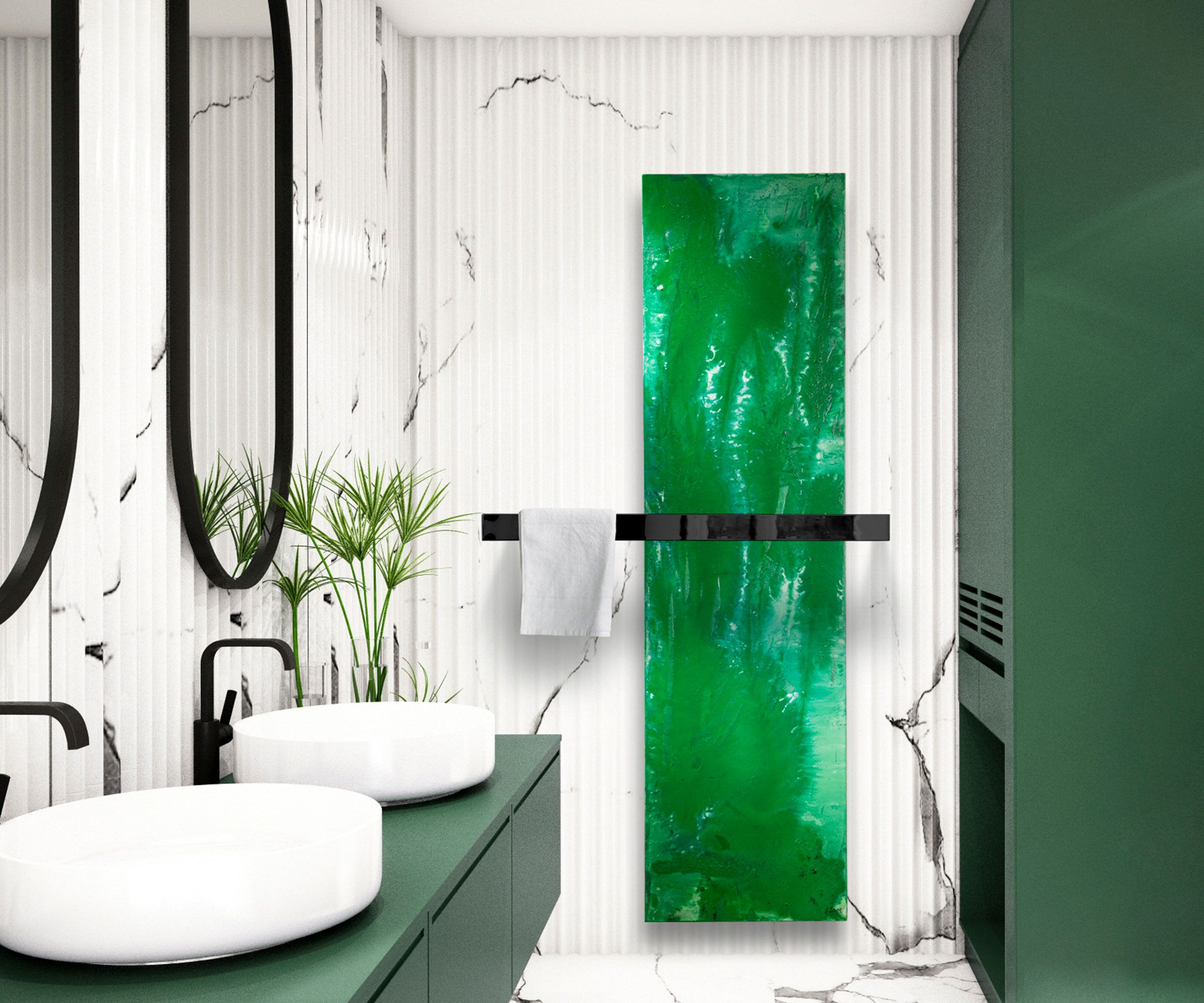 green and white bathroom with modern green bathroom radiator with heated towel rail