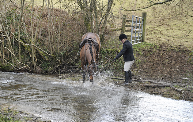 Amy Bennett&rsquo;s horse enjoys a splash while crossing the river Arrow in the Radnor and West Hereford country