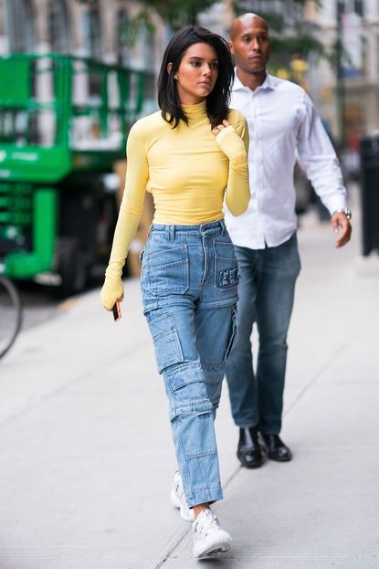 Kendall Jenner in the Bra Top, High-Waisted Patent Pants, and Hoop