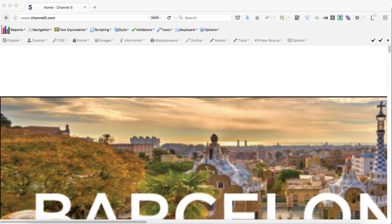 The Channel 5 website scaled to 300% shows only a small portion of the banner ad