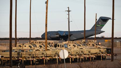 Air Force Boeing C-17 used for deportation flights is seen at Biggs Army Airfield in El Paso