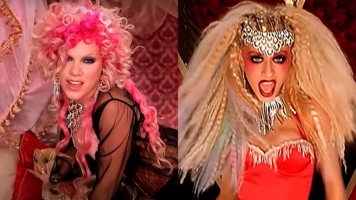 Pink and Christina Aguilera in the Lady Marmalade music video.