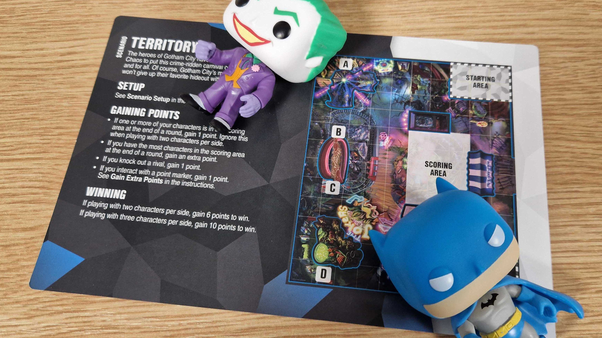 Batman and Joker Funko figures on a 'Territory' rules card lying on a wooden surface
