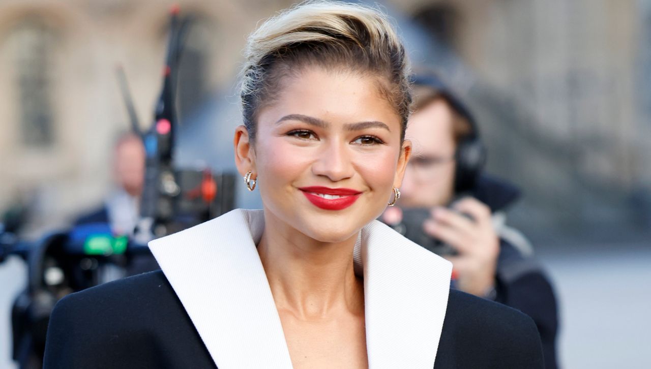 Zendaya wears a strong shouldered tuxedo at the Louis Vuitton Spring 2025 show at Paris Fashion Week