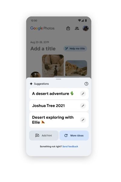 Google's generative AI helper offering memory title suggestions.