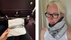 Someone holding Trtl travel pillow while sat on an aeroplane, next to image of woman wearing one
