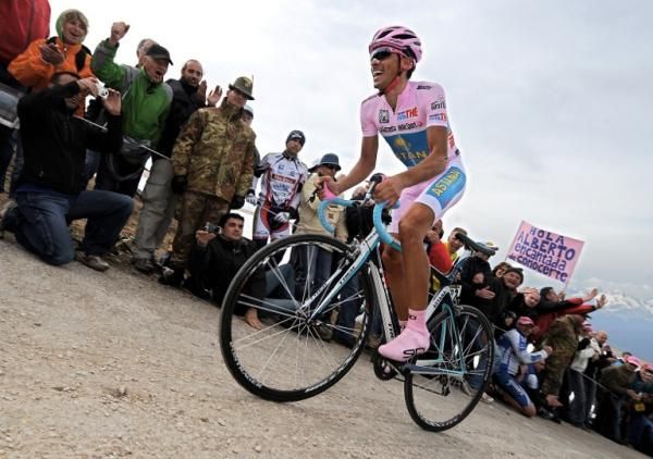 Giro leader Alberto Contador tackles the Plan de Corones mountain time trial, conducted on a dirt road.