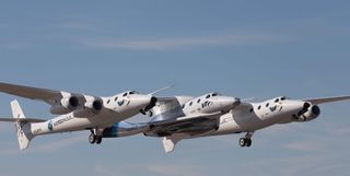 VSS Unity is carried aloft by Virgin Galactic's WhiteKnightTwo aircraft on May 29, 2018.