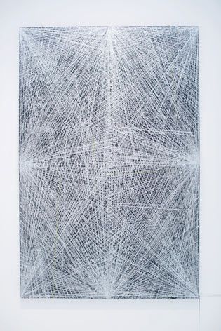 Black painting covered with white lines, converging and dispersing from different points around the edge