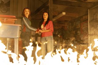 Nicolette and Sadie are trapped in a blaze at the garage.