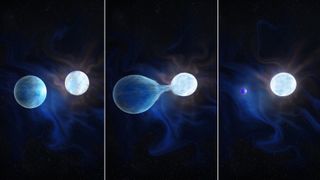 A diagram showing two stars, one small white one sucking matter away from a larger blue one
