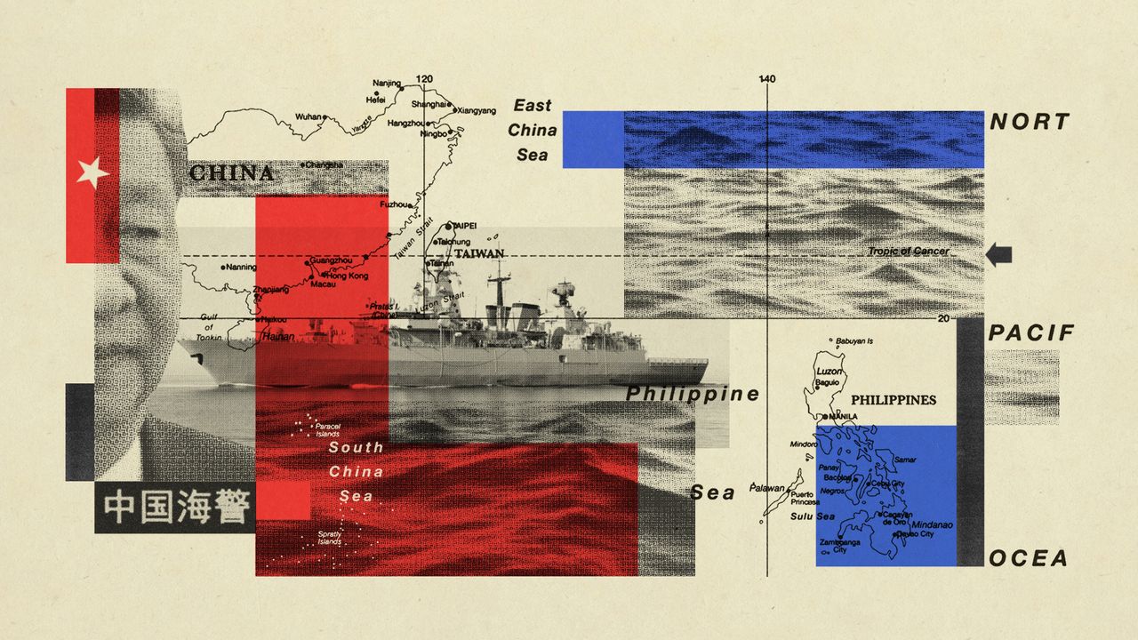 Photo composite of Xi Jinping, a map of the South China Sea and a naval warship