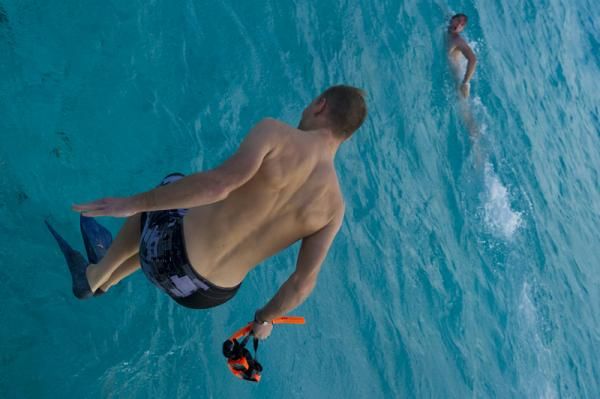 Making a splash: A rider jumps into the water