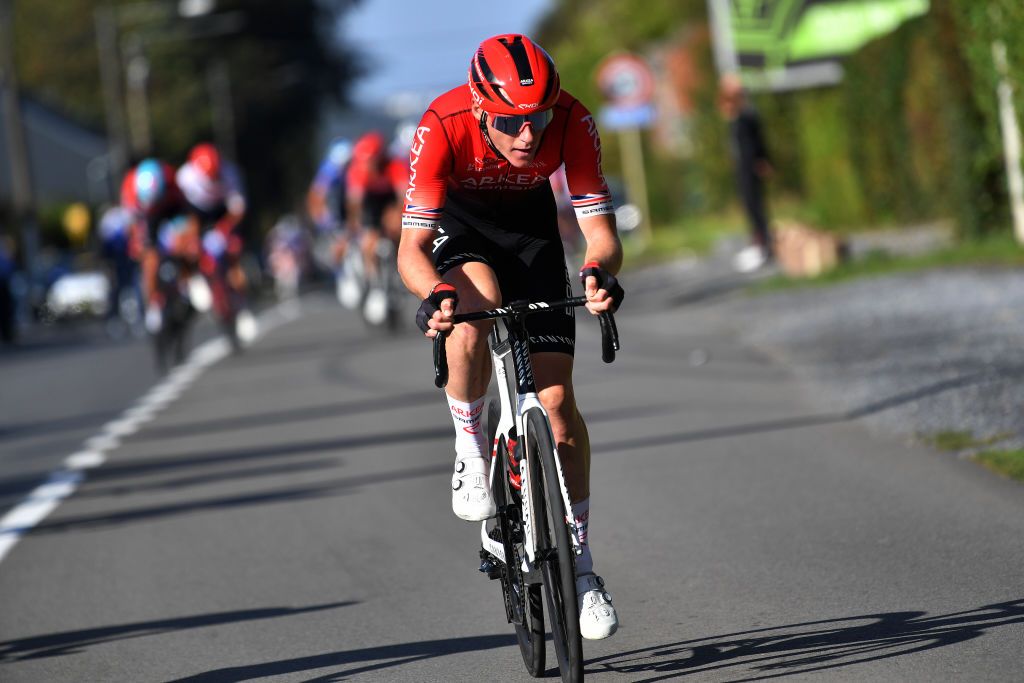 BINCHE BELGIUM OCTOBER 04 Connor Swift of United Kingdom and Team Arka Samsic competes during the 35th Binche Chimay Binche Memorial Frank Vandenbroucke 2022 a 1986km one day race from Binche to Binche BincheChimayBinche on October 04 2022 in Binche Belgium Photo by Luc ClaessenGetty Images