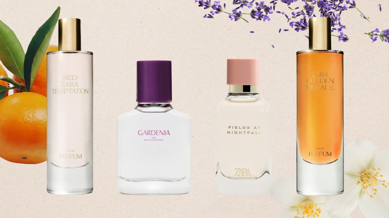 Collection of the best Zara perfumes on a beige background with images of oranges, jasmine and lavender
