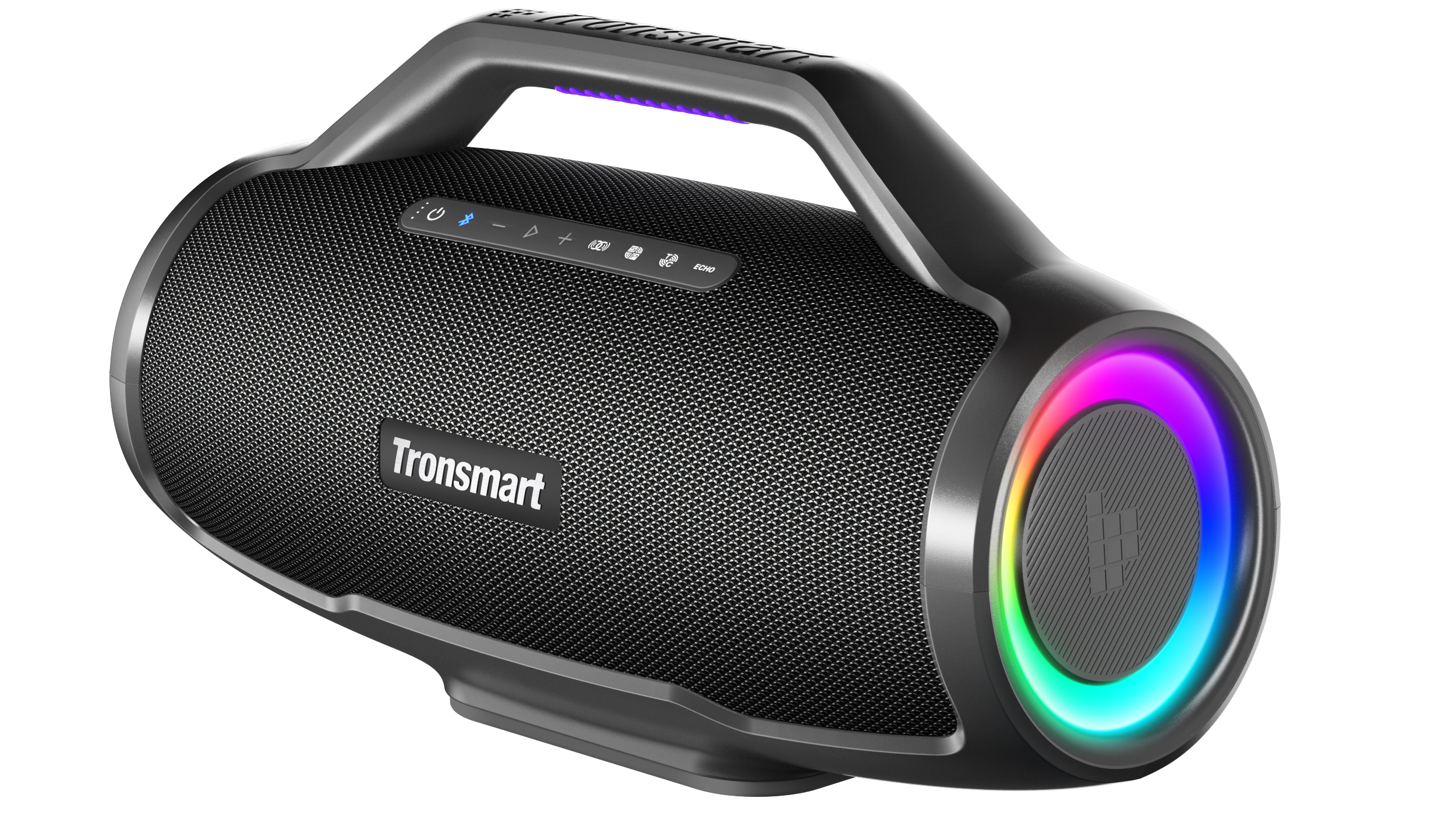 Tronsmart Bang Max on white background, with the speaker's lights illuminated