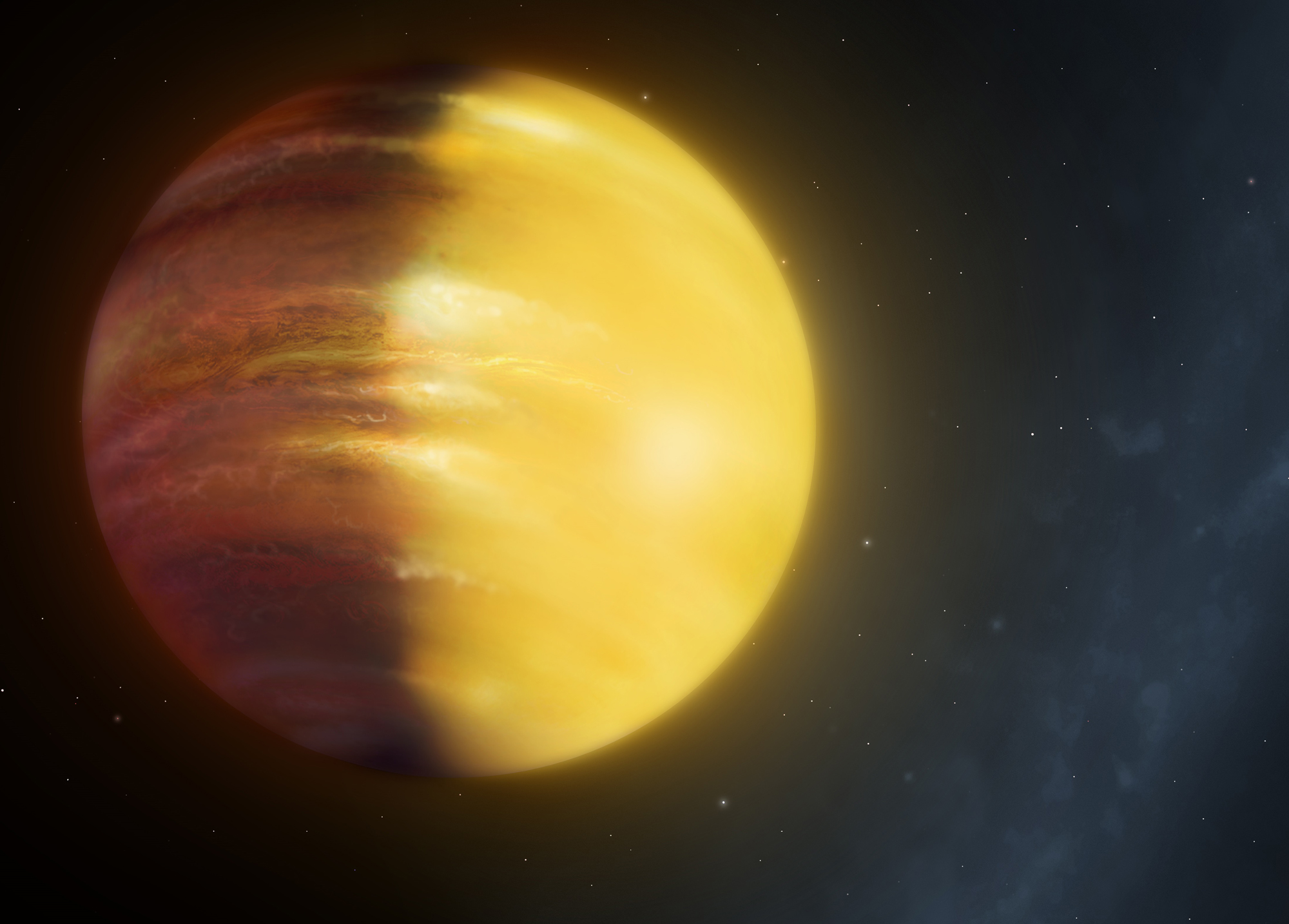 An artist&#039;s illustration of the exoplanet HAT-P-7b, a gas giant with exotic winds of rubies and sapphires that is 1,000 light-years from Earth.