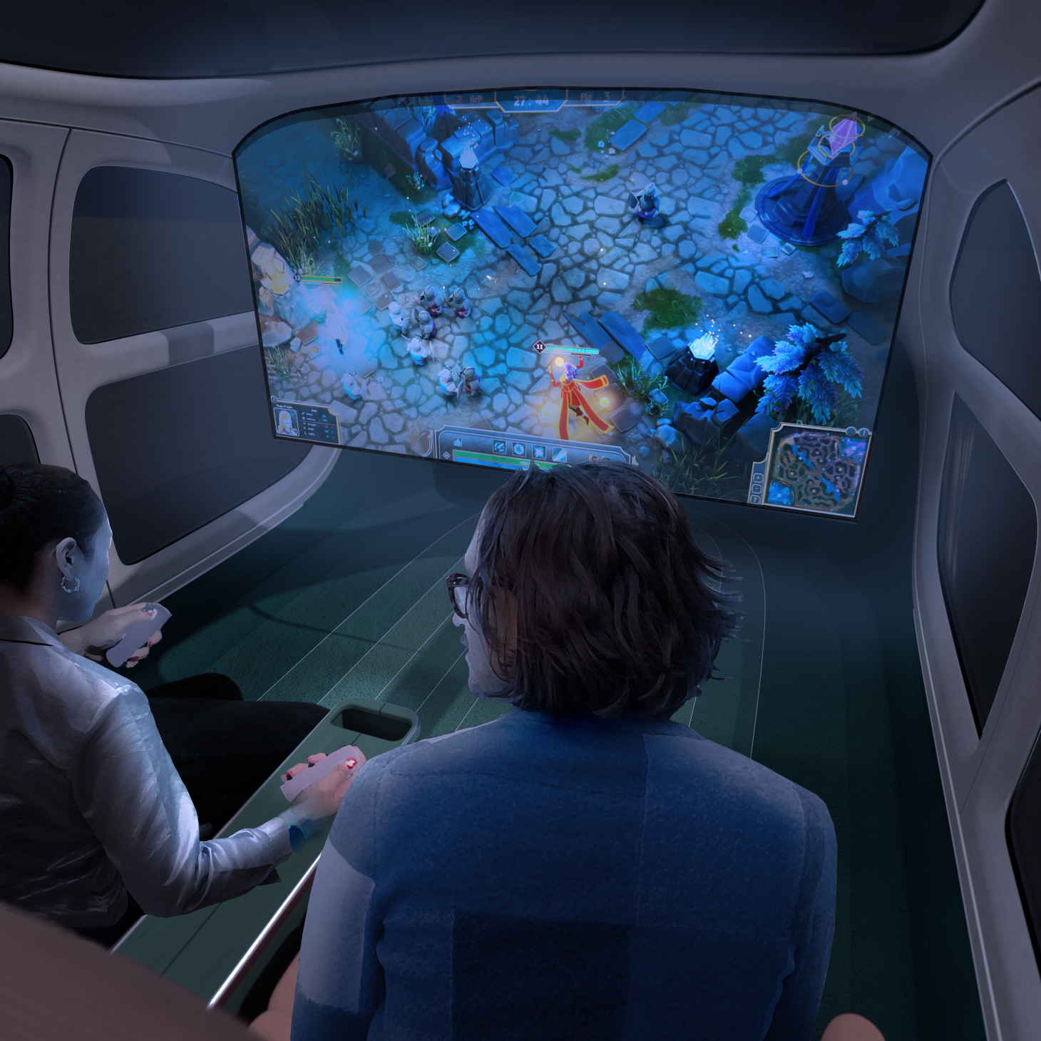 Interior of electric vehicle configured in gaming mode