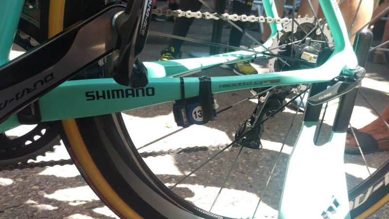 Gesink's transponder is both zip tied and duct tapped to the frame