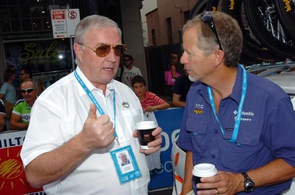 Pat McQuaid chats with HTC-Columbia team owner Bob Stapleton