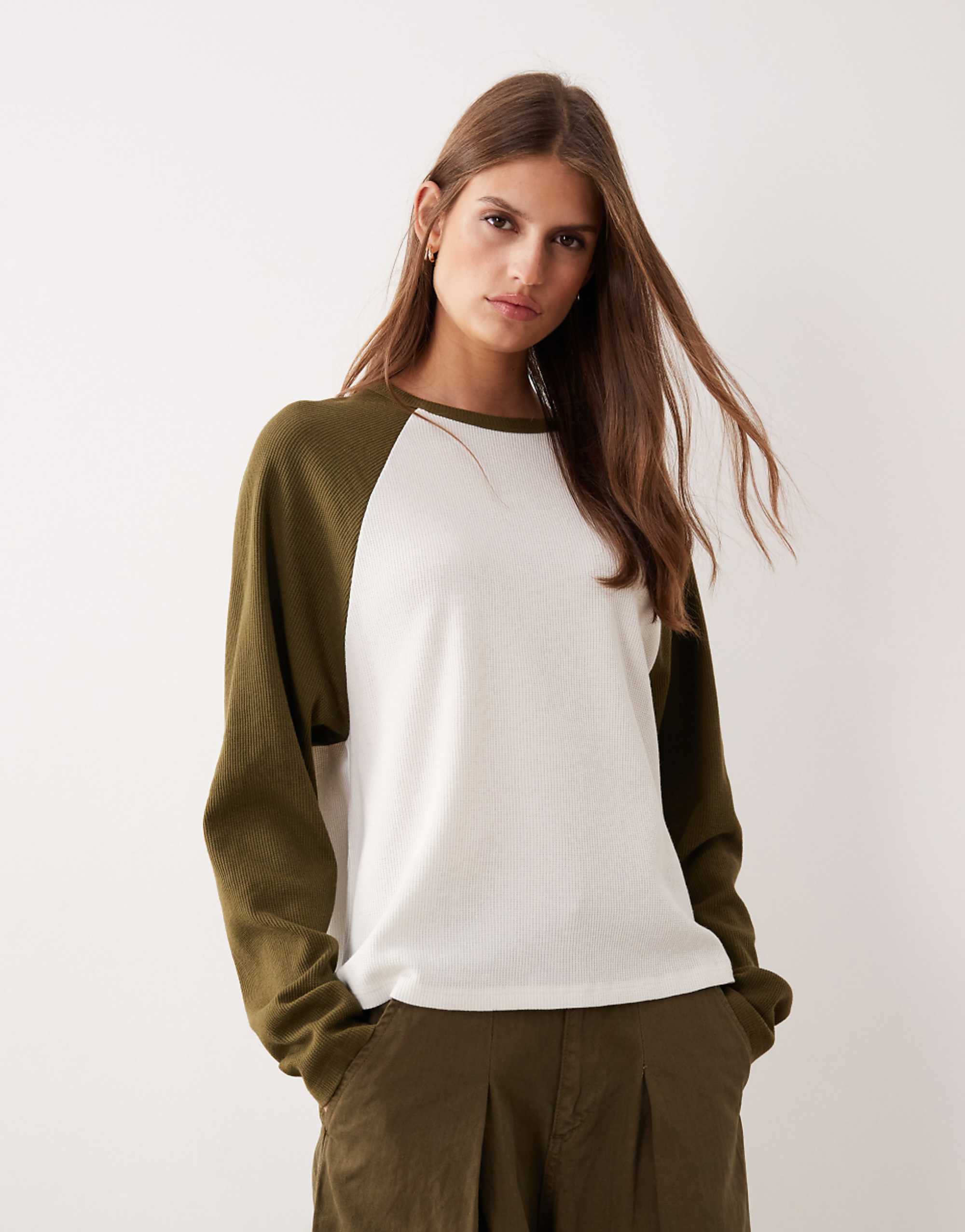 Asos Design Raglan Long Sleeve Waffle-Knit Top in Cream and Olive