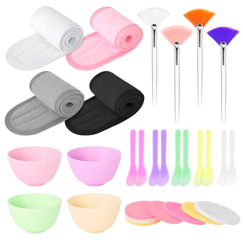 Esthetician Facial Supplies Set: 4 Silicone Bowls, 4 Headbands, 15 Compressed Sponges, 10 Spatulas, 4 Mask Fan Brushes