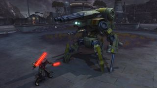 A Sith Warrior with a pari of red lightsabers takes the fight to a large droid