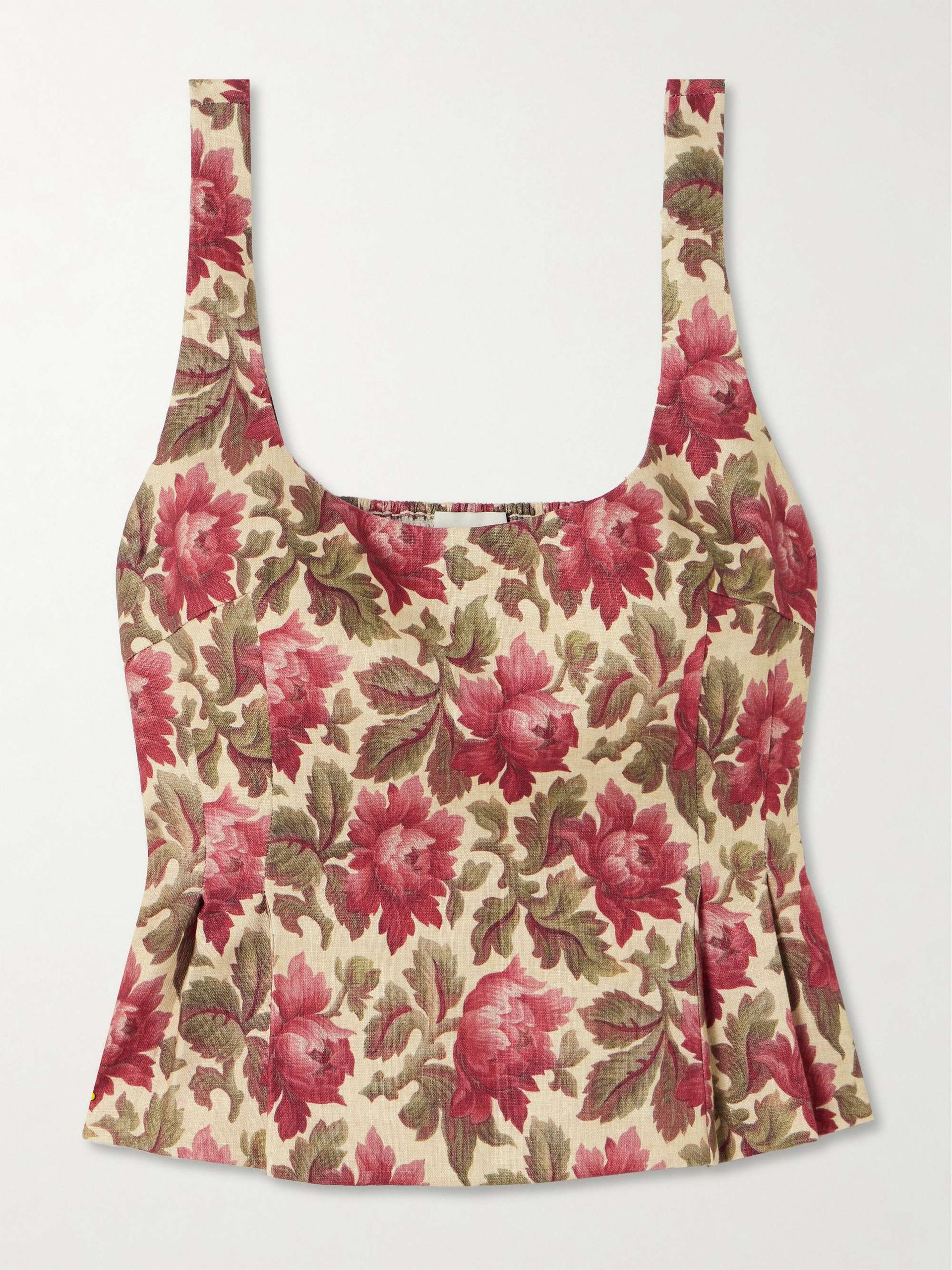 Rosalie Shirred Floral-Print Linen Peplum Top