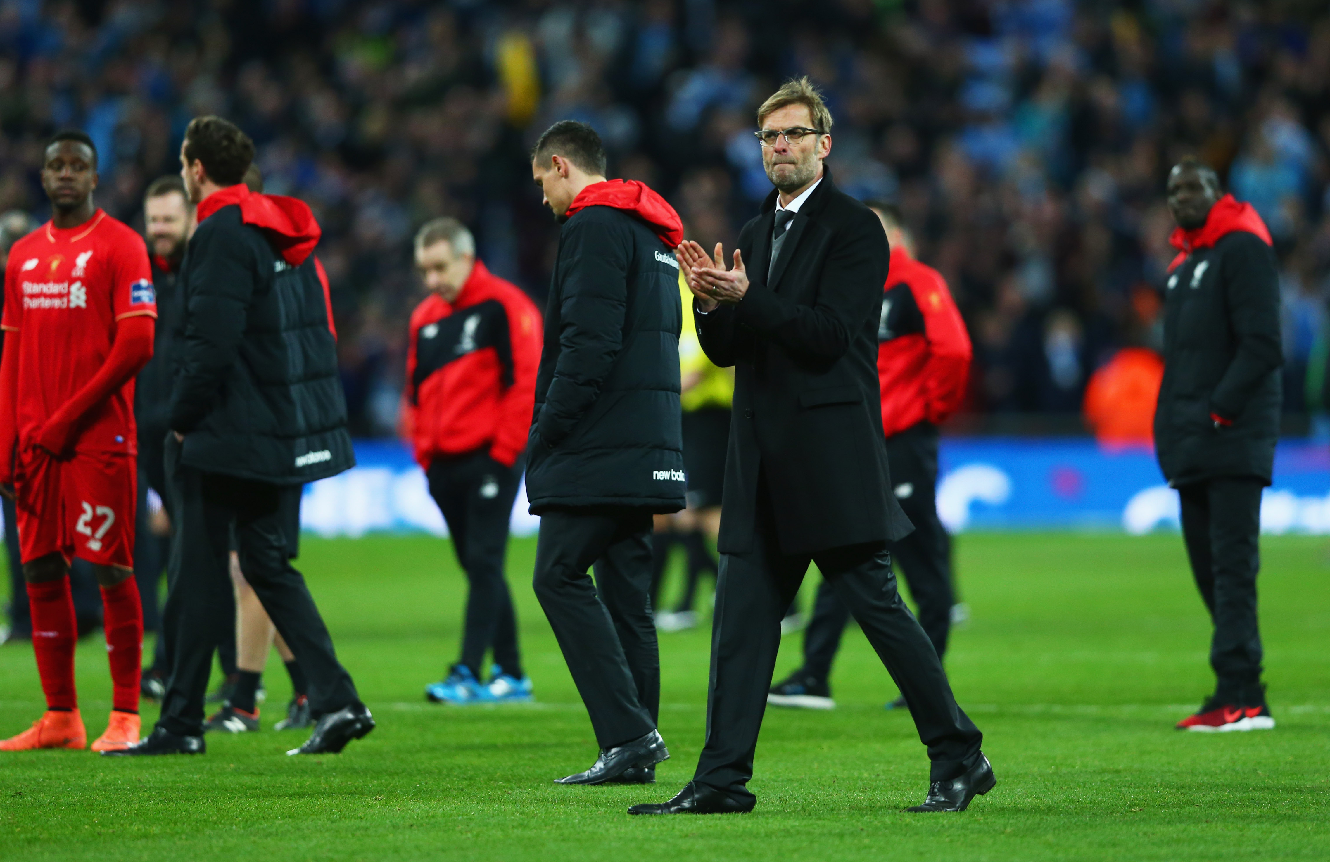 Liverpool manager Jurgen Klopp applauds the fans after defeat to Manchester City on penalties in the League Cup final in February 2016.