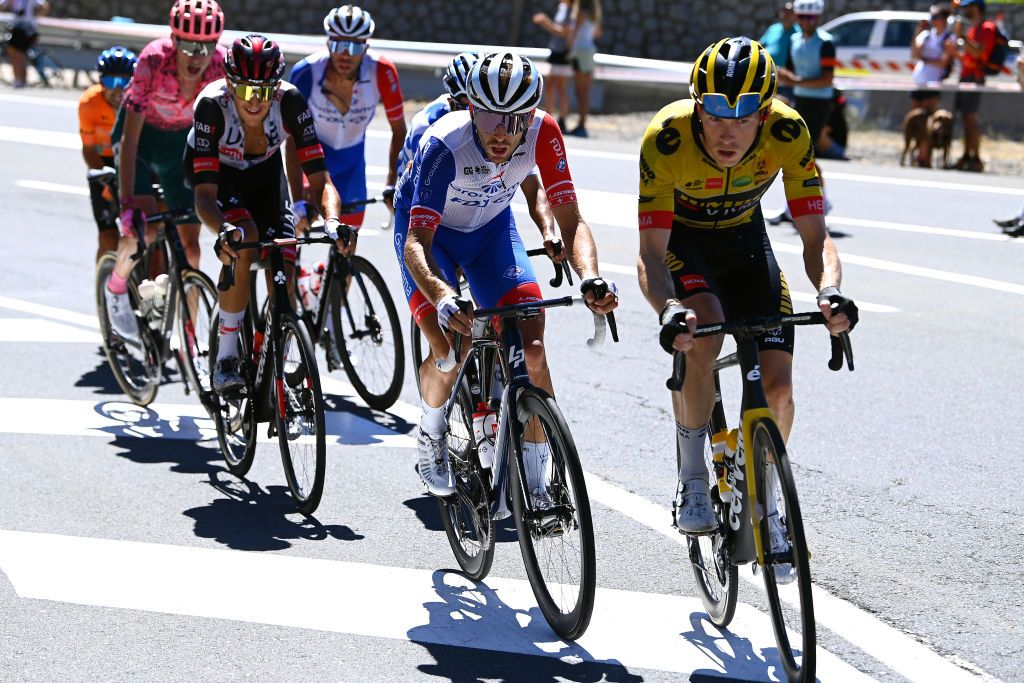NAVACERRADA SPAIN SEPTEMBER 10 LR Sbastien Reichenbach of Switzerland and Team Groupama FDJ and Rohan Dennis of Australia and Team Jumbo Visma compete in the chase group during the 77th Tour of Spain 2022 Stage 20 a 181km stage from Moralzarzal to Puerto de Navacerrada 1851m LaVuelta22 WorldTour on September 10 2022 in Puerto de Navacerrada Spain Photo by Tim de WaeleGetty Images