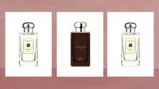 Collage of three of the best Jo Malone London perfumes included in this guide; English Pear & Freesia, Myrrh & Tonka and Pomegranate Noir