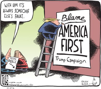 Political cartoon U.S. 2016 election Donald Trump polls blame America