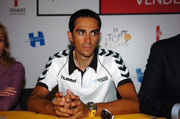 Alberto Contador fields questions from the press.