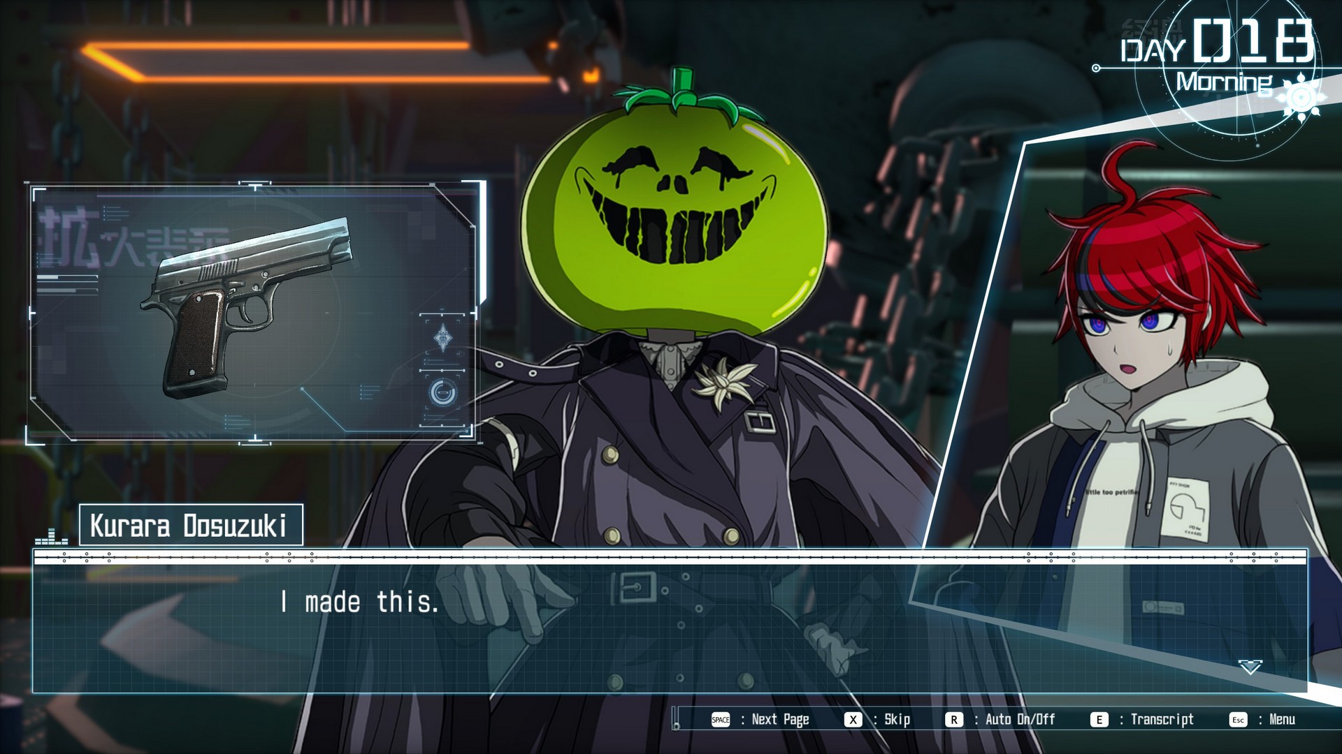 Kurara laughs while saying "I made this", the screen display a picture of a handgun as Takumi looks on, shocked, in The Hundred Line: Last Defense Academy