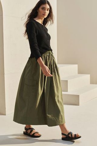 Khaki Green Parachute Midi Skirt