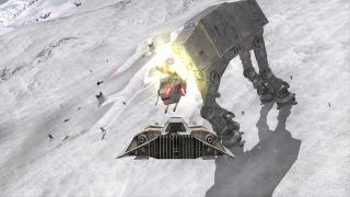 A snowspeeder attacks an AT-AT on an icy battlefield