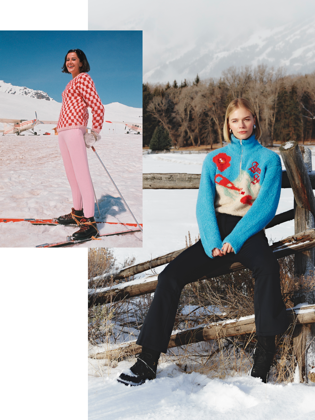 Model, on slopes of Courchevel, France, wearing pink ski pants and pink and red checked sweater, both by Petri/model wearing a blue Markarian x We Norwegians sweater sitting on a fence in snow