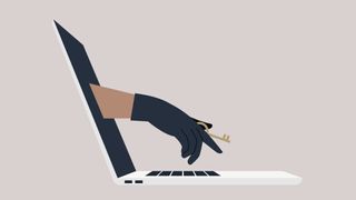 A hacker&#039;s hand in a black leather glove holding an access key and emerging through a laptop screen