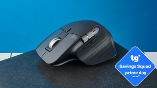 The Logitech MX Master 3S mouse on a stone surface with a blue background
