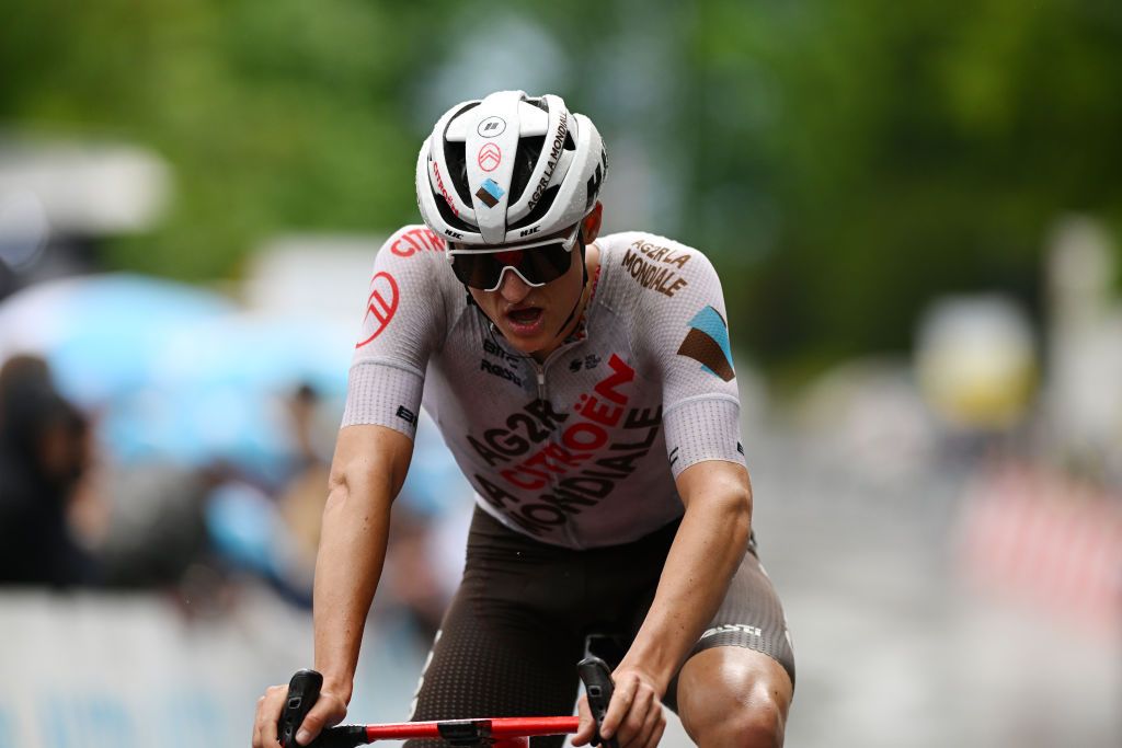 VILLARSSUROLLON SWITZERLAND JUNE 13 Felix Gall of Austria and Ag2R Citron Team crosses the finish line as second place during the 86th Tour de Suisse 2023 Stage 3 a 1438km stage from Tafers to VillarssurOllon 1256m UCIWT on June 13 2023 in VillarssurOllon Switzerland Photo by Dario BelingheriGetty Images
