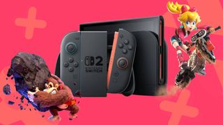 Official image of Donkey Kong and Princess Peach from Donkey Kong Bananza and Mario Kart World, with a Nintendo Switch 2 between them, and a pink GamesRadar background.
