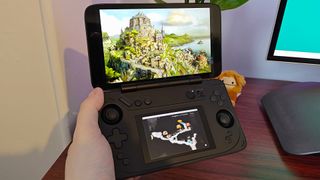 Ayaneo Flip DS with Bravely Default gameplay on screen