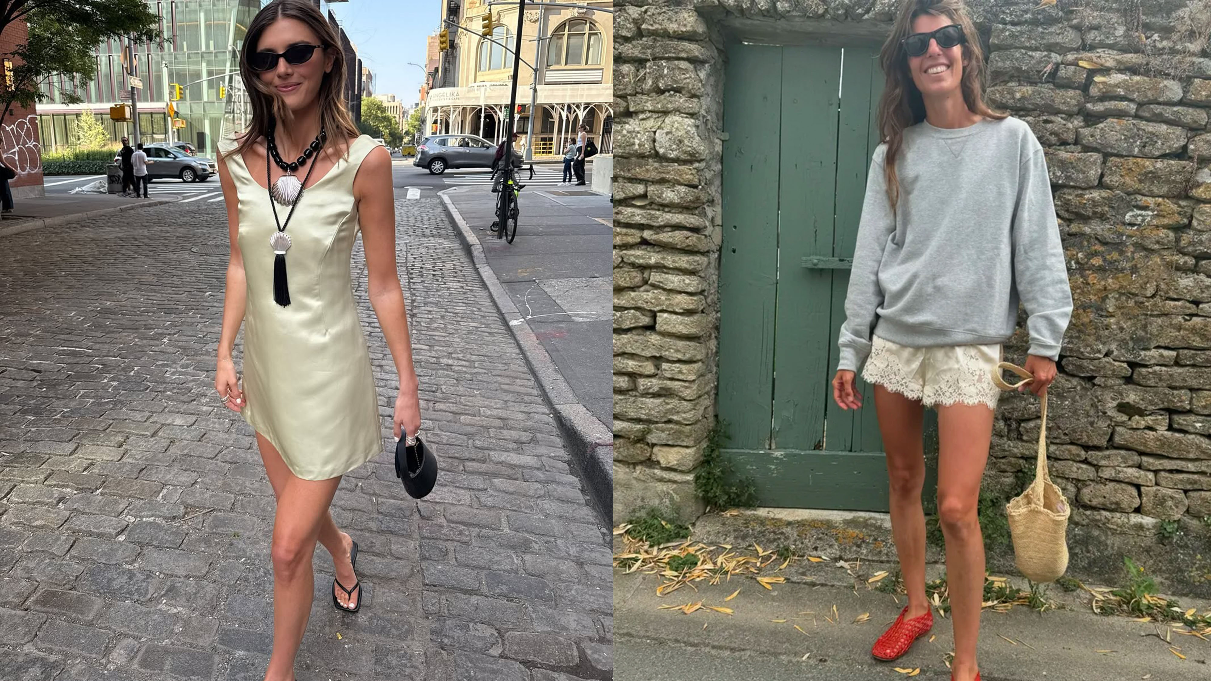 Woman in pale yellow mini dress; woman in sweater and silk shorts.