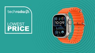 The Apple Watch Ultra 2 on a green background with text saying Lowest Price.